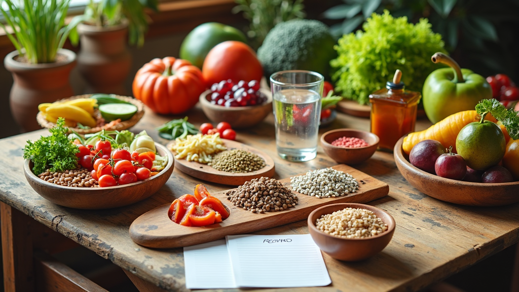 Fresh fruits, vegetables, and assorted diet plan notepads on a wooden table